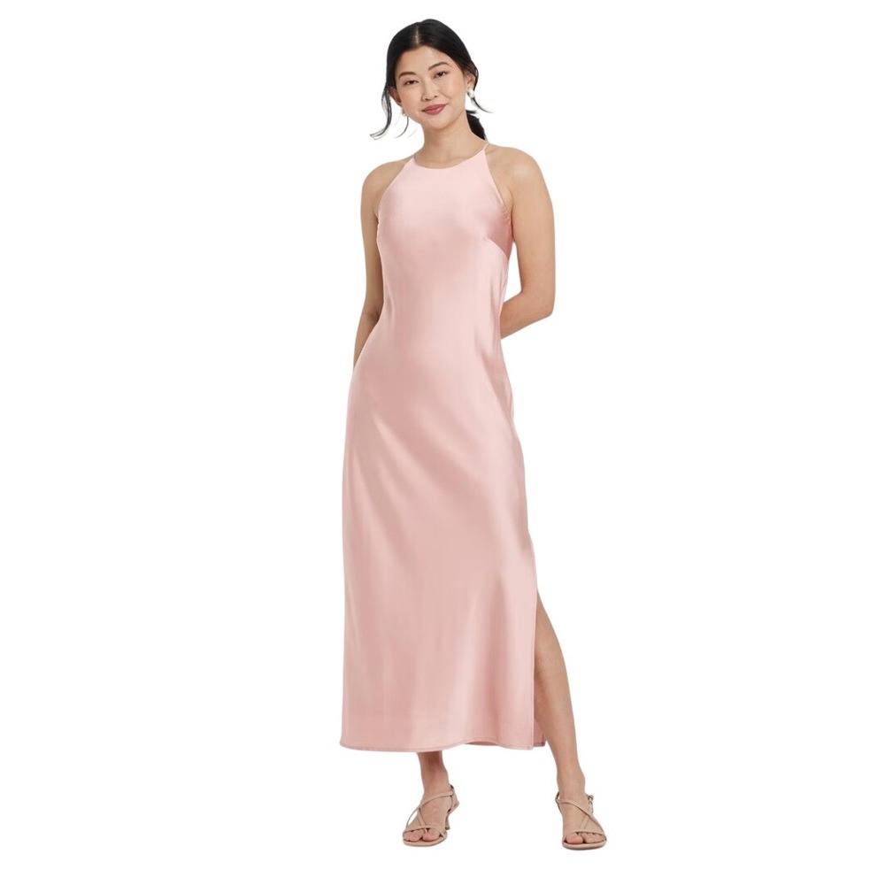 A New Day Women's Light Pink Satin Halter Neck Sleeveless Maxi Slip Dress Size M
